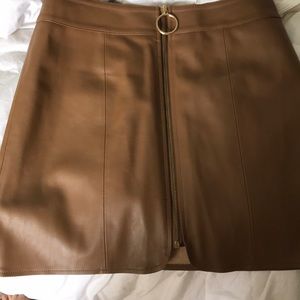 BROWN LEATHER RING CIRCLE ZIP SKIRT